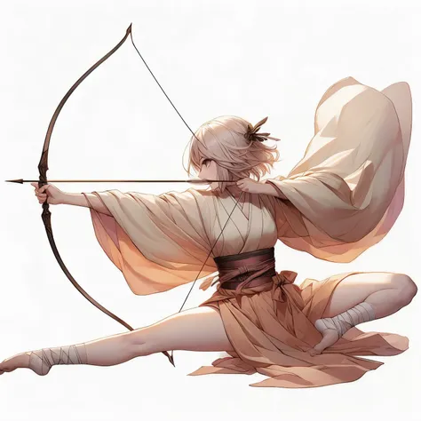 a waif gaussian silk loincloth bottom and top holding a long thin long bow, in dynamic splits pose aiming at its prey, 8k,