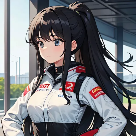 A 30 year old girl, She is a Formula 1 driver,(Girl) (linda) (racing suit) (formula 1 behind the girl.) (standing) (looking forward) (without helmet) (black hair) 