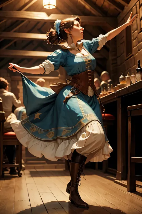 a woman wearing medieval clothes dancing in a tavern wearing boots, tap dancing