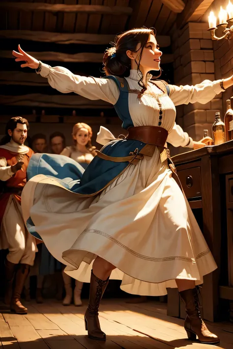 a woman wearing medieval clothes dancing in a tavern wearing boots, tap dancing