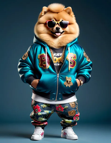 photorealistic portrait of Dressed animals - a ((fat)) (Pomeranian) hip hop dancer,(hands on hips:1.5), high quality,(lovely) ,intricate details, highly detailed ((hip hop fashion)) ,(wearing sunglasses:2.0), (cap, pants, sneakers),(wearing a jacket and ho...