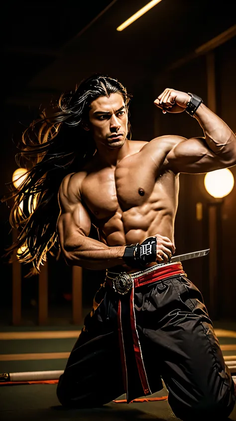 Fighting with two swords, Samurai, Stretch your arms, Realist:1.3,( fPhoto, Realist, 8k, RAW Photos, Premium Quality, masterpiece, Great lighting, Centered Images), (Dynamic Movement, Dynamic fighting,), (2 katana), whole body, (Disheveled brown long hair)...