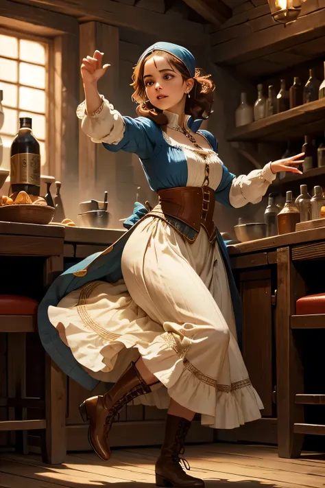 a woman wearing medieval clothes dancing in a tavern wearing boots, tap dancing, perfect face, detalhed face