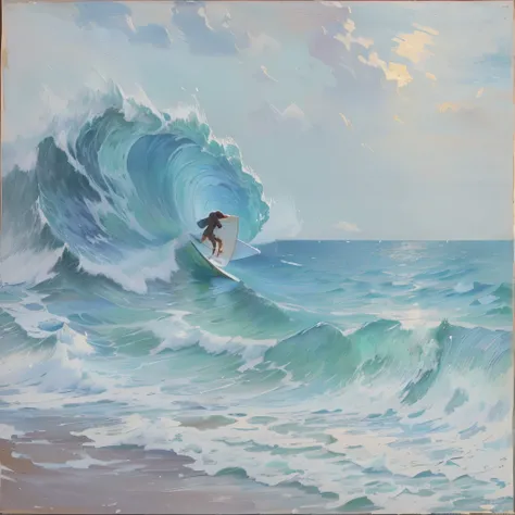 A drawing of a man surfing in the ocean, many painting, many painted, charles many, claude many), style of many, by claude many, Claude Monet, Impressionism painting, Sea view, style of claude many, Coastal, Impressionism, gustav, many. Great lighting, Imp...