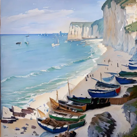 Painting of a boat on the beach with cliffs in the background, Inspired by Max Liebermann, By Eugène Boudin, inspired By Eugène Boudin, Monet&#39;s Style, Painted by Monet, Charles Monet, Impressionist paintings, oil, Monets paintings, Claude Monet, Claude...