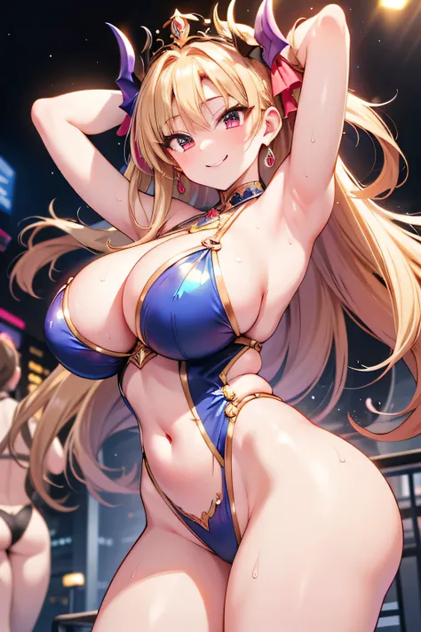 Anime illustration、High resolution、smile、A dancer with huge breasts dances with her legs spread open at a samba carnival in the downtown area、Fancy dancer costumes、Ereshkigal、Perfect proportions、Cowboy Shot、Fatty thick legs、Sharp Eyes、Sweaty