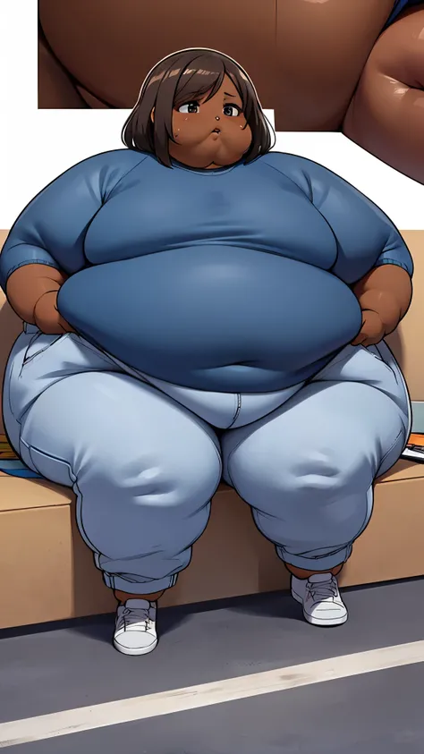 Extremely obese African woman, fat blob, (((brown skin))), fat arms, fat face, fat legs, fat rolls, brown skin, grey shoulder legth hair,, wearing a blue T-shirt and loose sweatpants, sitting on the floor, fag blob