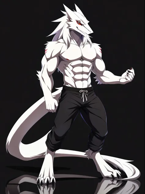 1 Sergal, (best quality, upper half, anime style:1.2), Male, (pure white fur, red eye, slit eye, black marking around eyes)  dark background, muscular, wearing pants, muscular, perfect tail, black claws, perfect tail, long tail, anime style, 8k, masterpiec...