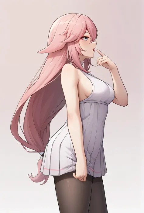 score_9,score_8_the most,score_7_the most,Bachong, alone, finger_To_mouth closed, Pink_chemise, Pink_theme, Schmucklos_backdrop, 1 girl, long_sleeve, open_mouth closed, pleated_rocks, breasts, seek_at_Toschauer, Pink_sweater, White_backdrop, White_chemise,...