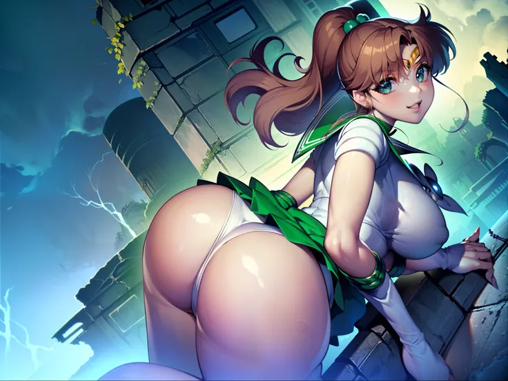 Highest quality, High resolution,((Sailor Jupiter)), One Girl, single, alone, Beauty, bangs, Brown Hair,Long ponytail)), ((Green Eyes, Beautiful eyelashes, )), (( Super anime CG style)), Big Breasts, Dynamic Angle, Perfect body, ((とても恥ずかしいパニックsmile、Look ba...