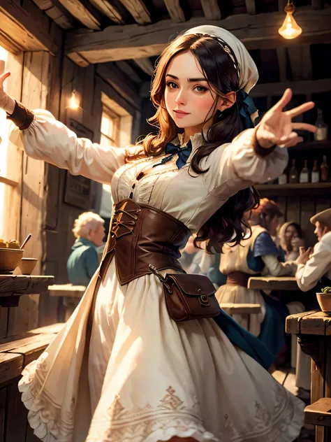 medieval woman in a tavern, in a dancing pose