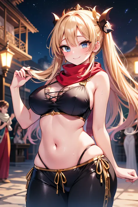 Anime illustration、High resolution、smile、A busty, chubby dancer spreads her legs and dances in an Arabian palace late at night、Fancy dancer costumes、Harem pants、pip scarf、Ereshkigal、Perfect proportions、Cowboy Shot、Sharp Eyes、Sweaty