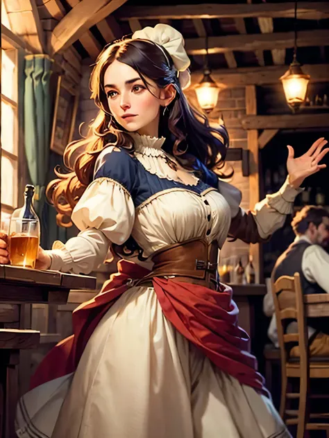 medieval woman in a tavern, in a dancing pose