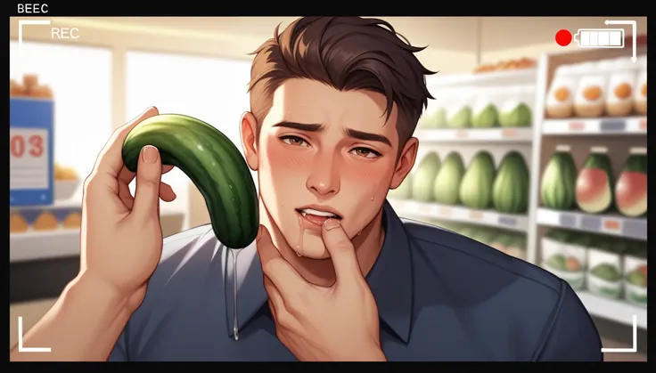 best quality, masterpiece, hyper realistic, extremely detailed, pov from viewfinder, gay, homoerotic, extremely handsome mature asian man, shy, sucks a cucumber, drooling, saliva, in produce aisle in grocery store, dark cinematic lighting, extremely dramat...