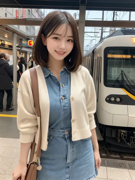 1girl, solo, highres, best_quality, masterpiece, detailed_background, intricate_details, beautiful, kanazawa, dt_kanazawa_station, train station architecture, casual_clothes, smile, looking_at_viewer, dynamic_pose, natural_pose, candid, happy