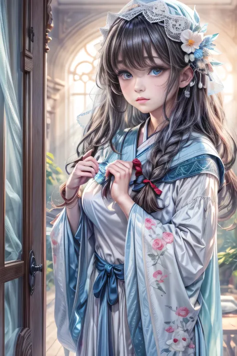 8k.Half Russian and half Japanese、Russian face、beautiful girl、princess、、Small face、Young face、Big eyes、Skinny、Small breasts、（（（Silver Hair、Silver Hair）））、With bangs、（（（High resolution big beautiful light blue eyes, ）））、Shortcuts、Bobcut、（（Sailor suit））、（（（R...