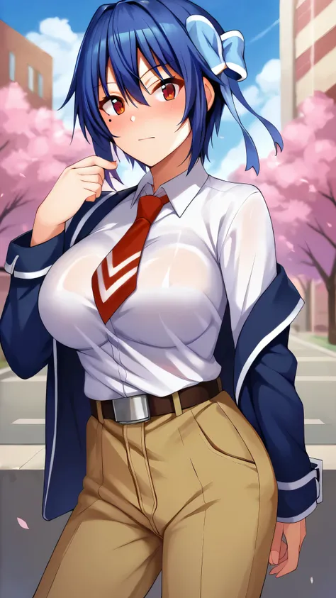 score_9, score_8_wonderful, score_7_wonderful, score_6_wonderful, sauce_anime, 1 person, solo BREAK tsugumi seishirou, Mole under the eye, Blue Hair, short hair, Hair Ribbon, Blue jacket, White shirt, Collared shirt, Red tie, belt, Brown pants, large breas...