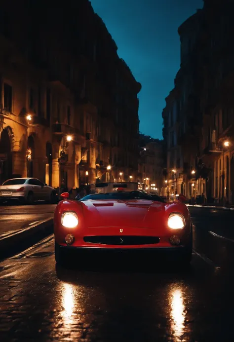 City at night with moonlight and Ferrari car arrives 