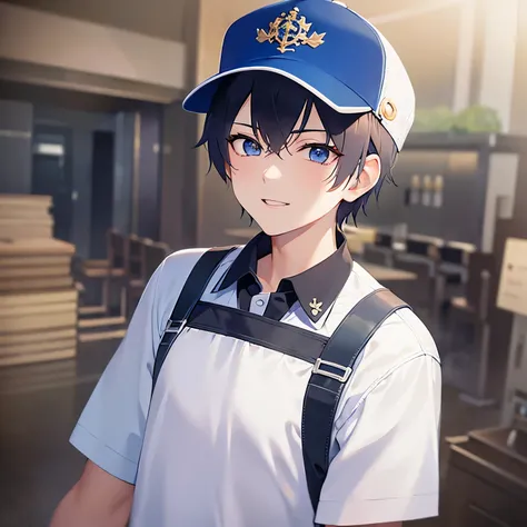 upper body, shiny skin, masterpiece、Highest quality、 (2 male:1.5) and (Black short hair) and (blue eyes), (black polo shirt)and(white cap) smile, Factory with machines、（alone:1.5)