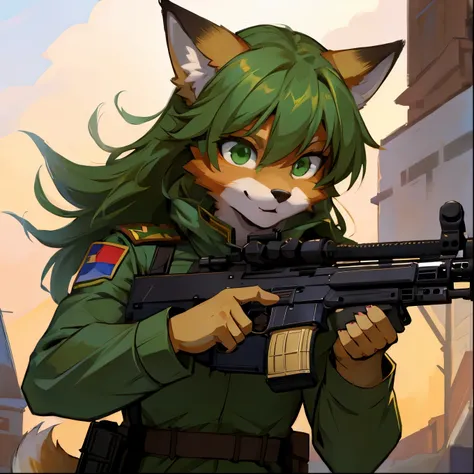 Furry fox girl, muscular,green eyes, in Russian military clothing, holding an assault rifle