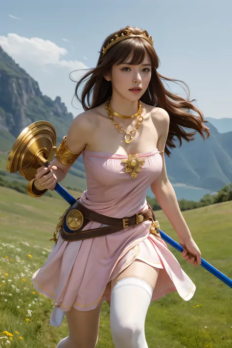 masterpiece, Highest quality, High resolution, hmpa1, pink, Parted bangs, Battle Tiara, Large Breasts, Golden Necklace, Exposing shoulders, Strapless Dress, Arm guard, belt, Blue Dress, White knee socks, Single knee socks, Outdoor, holding staff, staff, Ho...