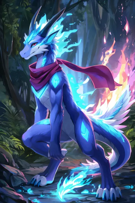 (anime), (front facing), (looking at the camera), slim furry white fire dragon, blue fire magic, secondary body colors, (blue, magenta and cyan undertones), long muzzle, neck and tail fur, digitigrade, creative horns, feathers, (wearing only a scarf), natu...