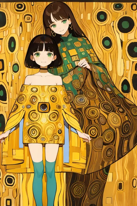 2 women, brown hair, short bangs, bangs aligned above the eyebrows, forehead, green eyes, drooping eyes, smile, full length, cute pose, Paul-klee style, Gustav Klimt style,