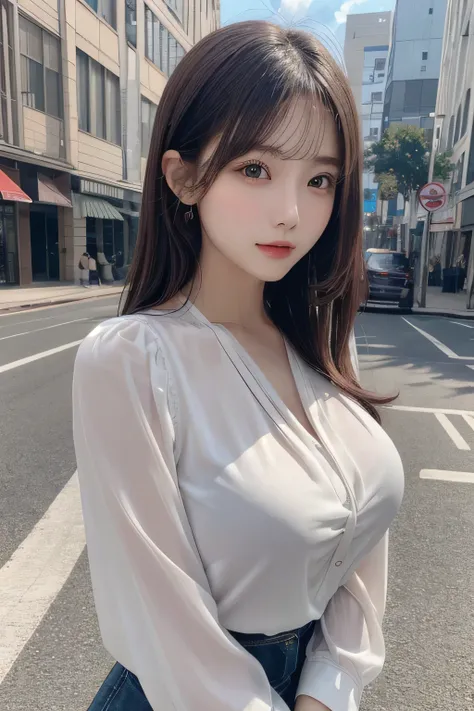 One Girl, 1 person,Highest quality,High resolution,超High resolution,8k,Realistic,Upper Body,encounter_audience,Large Breasts, the body is slim,(blouse:1.2)