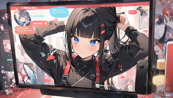 I play at music habs、iDOL、Japanese sword、rifle、Tying up hair、gun、Virtual Character Design,Black Hair、blunt bangs、Straight Hair, face, Modern design, 1 female,Sexy concept, 
A Vtuber livestream scene featuring a Japanese Vtuber with long black hair and blue...