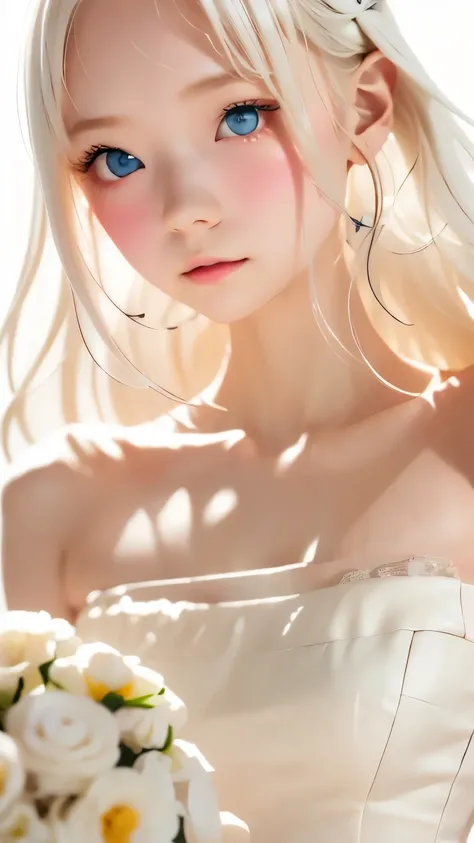 (((White Background:1.3)))、(((1 albino girl、Cute Face、pretty girl))), ,(((The eyes are white:1.3)))、White Dress、((White shirt:1.3、White Block Dress)), Tyndall effect, Realistic, Shadow Studio,ultramarine、illumination, Dual tone illumination, (Skin with att...