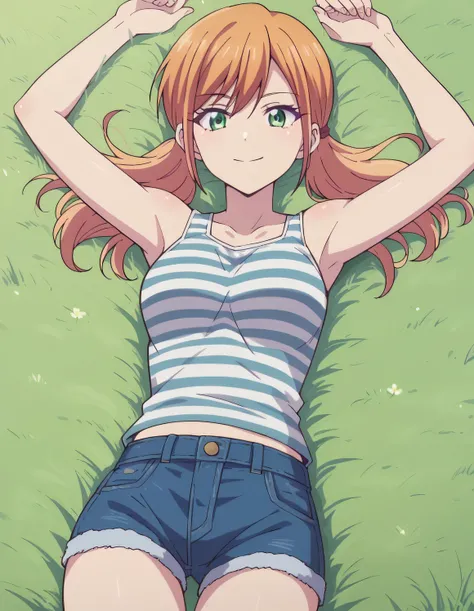 riho tsukishima, long hair, bangs, twintails, green eyes, low twintails, striped tank top, jean shorts, high quality, solo, lying, on back, arms up, spread arms, closed mouth, on grass, medium breast, looking at viewer, cowboy shot, smile, best quality,