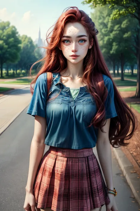 a one woman, long straight red hair, blue colored eyes, freckles on the face, face detailed, skirt short, standing, in a park, r...