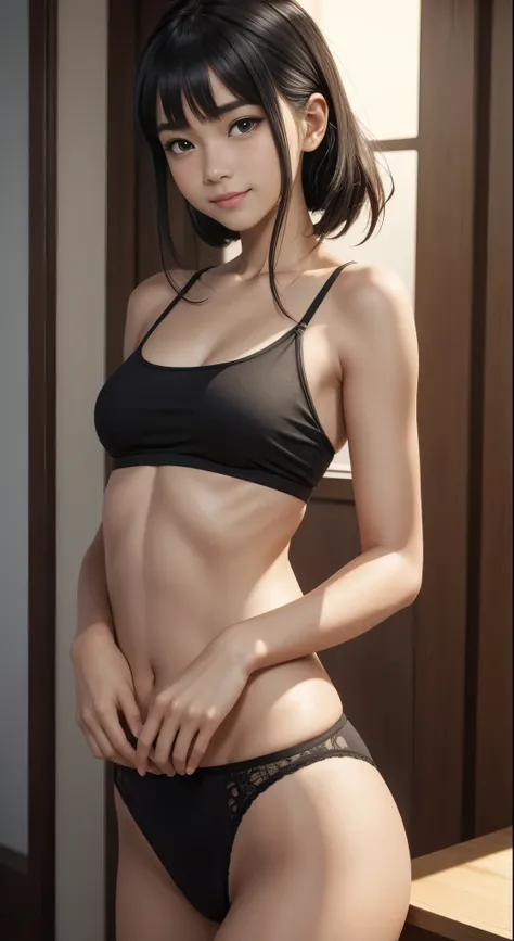 Ultra-detailed and intricate 3D rendering of a beautiful anime character, Beautiful soft studio light, Rim Light, Vivid details,Gorgeous, race, Ultra-realistic, Black Hair, Ultra-realisticな中世の世界で親密な部分を表現, from front, looking at viewer, blush, grin, A teena...