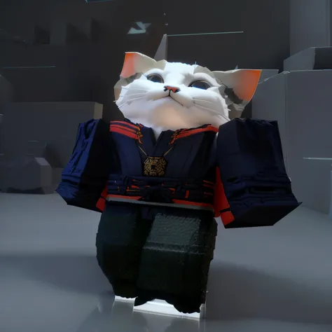 a close-up of a cat in a costume standing in a room, roblox avatar, anthropomorphic ninja cat, samurai cat, tabaxi monk, Cattie - Brie do Salão de Mithril, anime cat, vrchat, masuimi max, ( ( ( ( 3D rendering ) ) ) ), no line, midgar, white haired dwarf