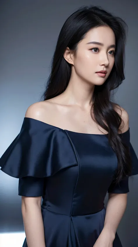 Dark blue off-shoulder long nightdress:1.2，Front view，Natural Lighting，High resolution skin:1.3，Realistic skin texture，2 woman，Perfect face，Put on light makeup，Perfect body，Satisfied expression，Big Wave，Black hair，bust，Home background。