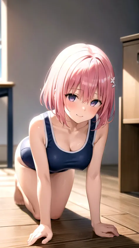 8k,Highest,quality,(highest quality:1.1), (masterpiece:1.4), (Confused:1.0), 
1 person, Deviluke type, hair ornaments, Bobcut, Short Hair Pink Hair, Purple eyes, Narrow waist,medium breasts, ((((Navy blue school swimsuit)))), ((((In her room)))), (blush:1....