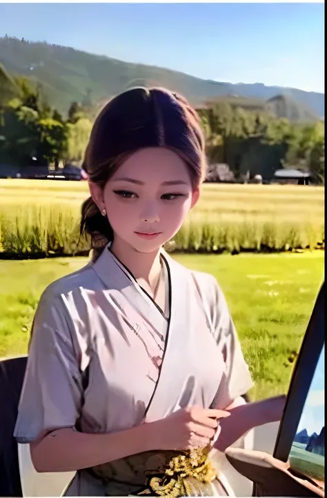 painting of a woman in a traditional dress standing in a field, traditional beauty, by Sheng Maoye, by Ni Zan, beautiful character painting, traditional art, , by Gao Fenghan, inspired by Miao Fu, by Lu Guang, by Li Fangying, by Chang Dai-chien, thailand a...