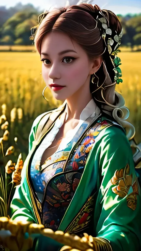 painting of a woman in a traditional dress standing in a field, a detailed painting by Sheng Maoye, trending on cgsociety, cloisonnism, traditional beauty, beautiful character painting, traditional art woman, traditional  art, ruan jia beautiful!, traditio...