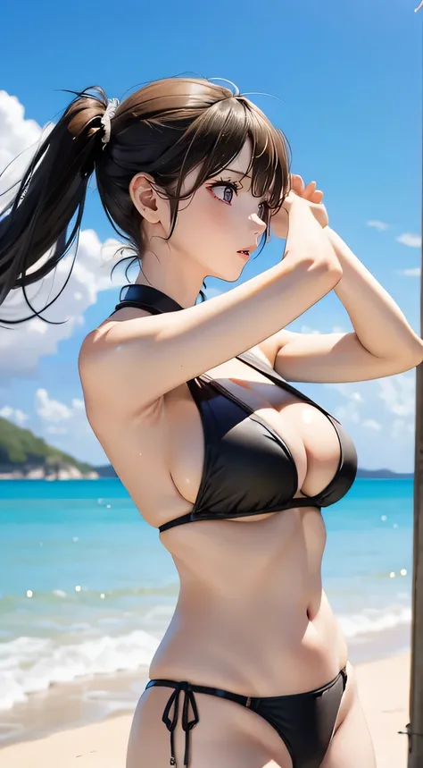 (side view), the girl  with long black hair, (ample breasts), wearing a Separate Type Bikini Swimwear, Sad face, Beautiful sea and sandy beach in summer.