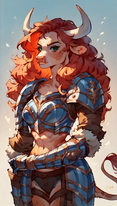 (NSFW, Revealing Ranger Armor:1.3), sexy bovine woman, Ranger Furry, spotted fur, long red hair, viking style hair, large bovine longbow