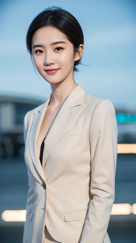 Beige slim fit suit:1.2，Look at the audience，Tyndall light effect，High resolution skin:1.3，Realistic skin texture，2 sister，Perfect face，Put on light makeup，Perfect body，A light smile，short hair，Black hair，bust，Airport background。