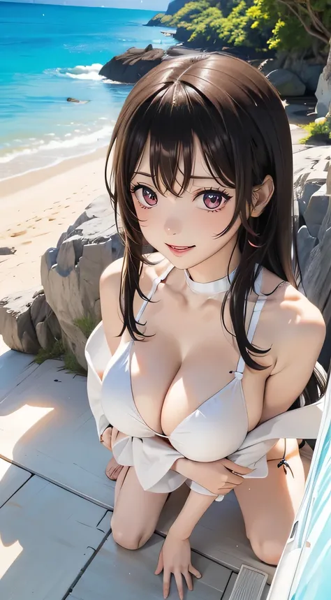 the girl  with long black hair, (ample breasts), wearing a Separate Type White Bikini Swimwear, Sad face, Beautiful sea and sandy beach in summer.