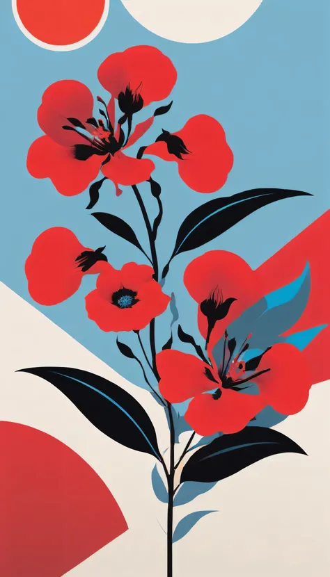 Flower in the style of sky-blue and red, hip hop aesthetics, bold, graphic shapes, sun-soaked colours, neo-geo, light black and red 