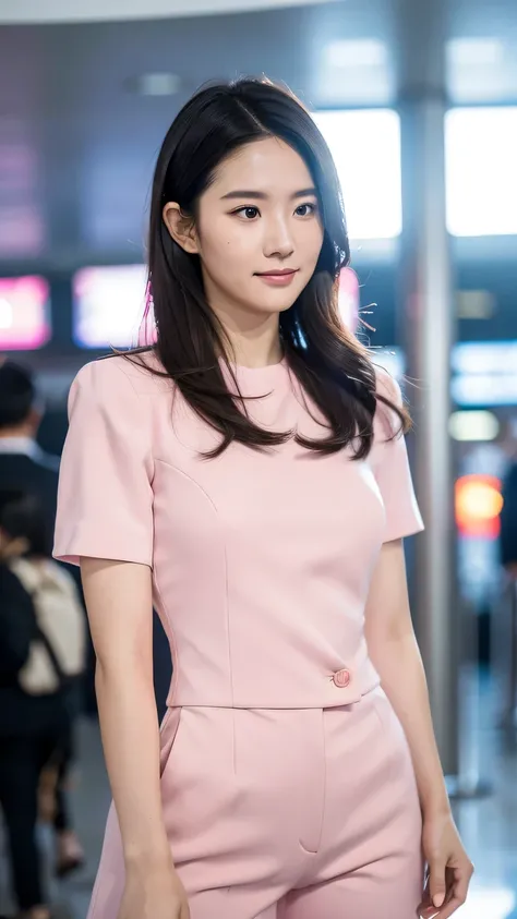 Pink short-sleeved suit:1.2，Look at the audience，Tyndall light effect，High resolution skin:1.3，Realistic skin texture，2 sister，Perfect face，Put on light makeup，Perfect body，Happy expression，Hairstyle，Black hair，bust，Airport background。