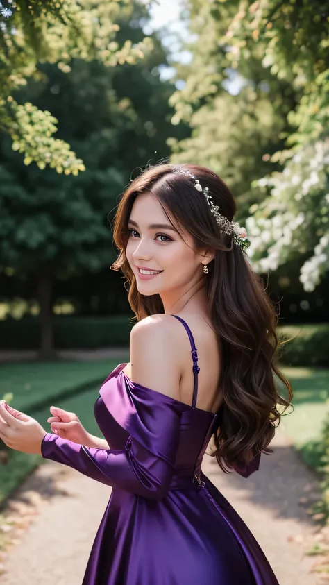 Realistic full body photo of a smiling, Young brunette woman with long hair, She dances in front of the camera in a long A-line bridesmaid dress with off-shoulder straps made of shiny purple satin., Park,glamour fotoshooting, Wedding celebration, perfect a...