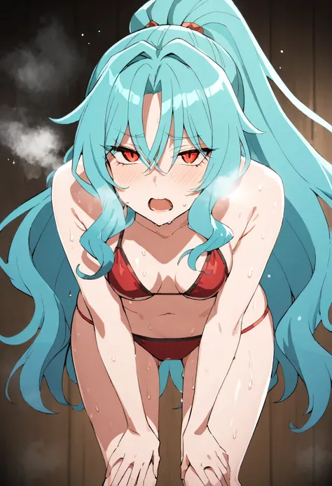 ong hair aqua hair ponytail red eyes,slit pupils,medium breast,((bikini)),heavy breathing,out of breath,steam,wet,sweat,exhale,bend forward,standing,hands on the knees,looking up,looking at viewer,open mouth
