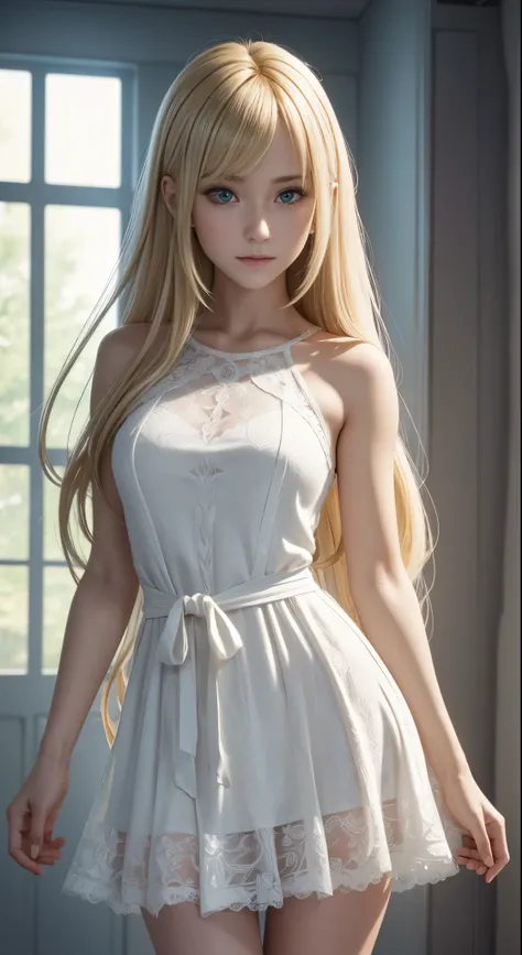 Ultra-detailed and intricate 3D rendering of a beautiful anime character, Beautiful soft studio light, Rim Light, Vivid details, Gorgeous, race, Ultra-realistic, Blonde, Ultra-realisticな中世の世界で親密な部分を表現, from front, looking at viewer, depressed, A cute girl,...