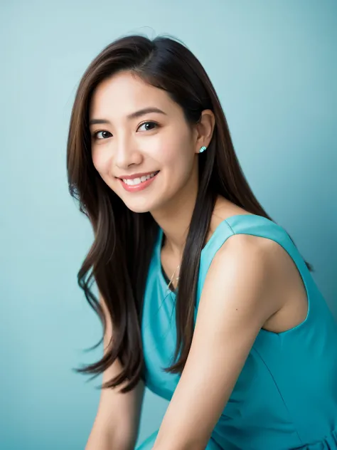 arafed woman leaning against a wall with a smile on her face, in front of white back drop, photoshoot portrait, portrait photo of a backdrop, light blue dress portrait, mid shot portrait, pokimane, taken with canon eos 5 d mark iv, a young asian woman, hea...