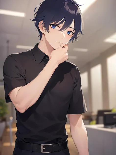 (2 male:1.5) and (Black short hair) and (blue eyes), (hand behind head:1.5),upper body,（looking away:1.5）,
shiny skin, masterpiece、Highest quality、
（Polo shirt with black short-sleeved sleeves：1.5）,
confused,Are standing、
office、（alone:1.5）