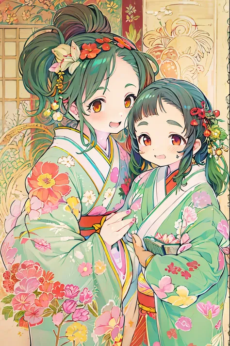 Fairy tale illustration/Reiko Ikemura, Pixabay, Simple Art, Full color illustrations, かわいいFairy tale illustration, Picture book illustrations, figure, Hayao Miyazaki Style, on site, kimono, kimono、Two Girls、Lesbian